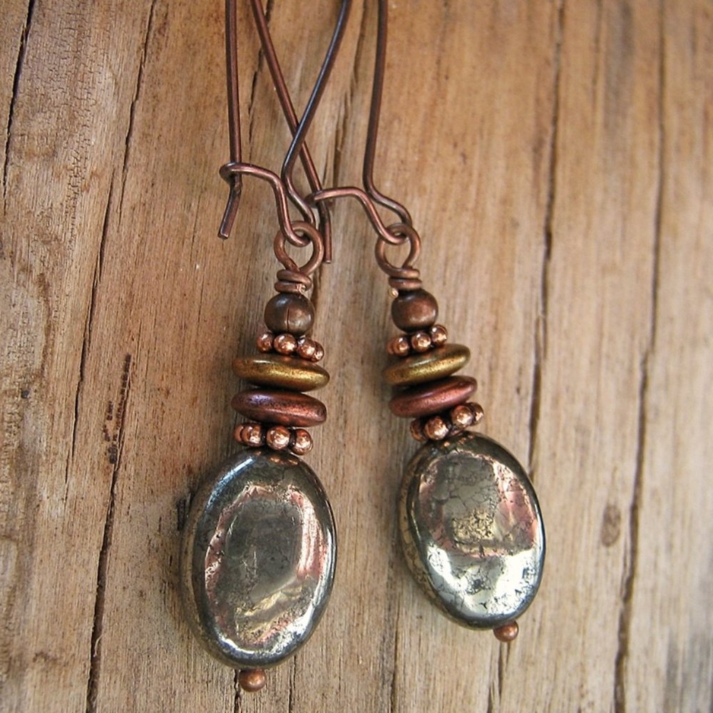 Boho Pyrite Earrings With Copper - Picture 6 of 10